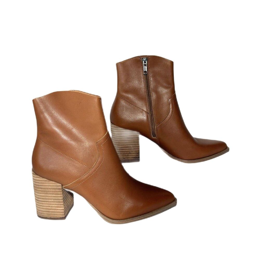 Steve Madden Cate Cognac Brown Leather Pointed Toe Block Heel Ankle Boots Sz 8.5 - Picture 2 of 8